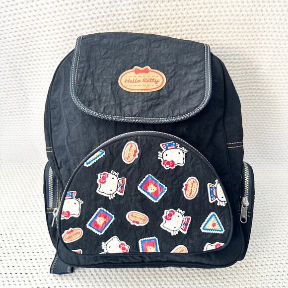 Sanrio Hello Kitty 1997 Blue Denim Nylon Tan Stitching Stamp Backpack Vintage - Picture 2 of 10
